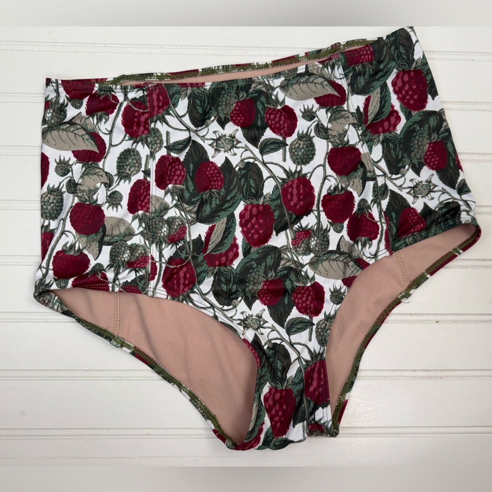 Kortni Jeane Raspberry Botanical High-Waist Bikini Bottoms - White & Berry